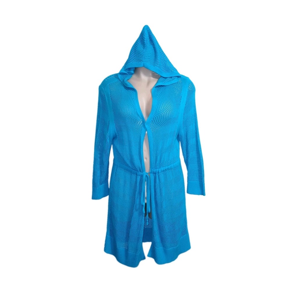 CJ Banks Women Crochet Sweater Knit Hoodie Long Cardigan 1X Turquoise Lagenlook
